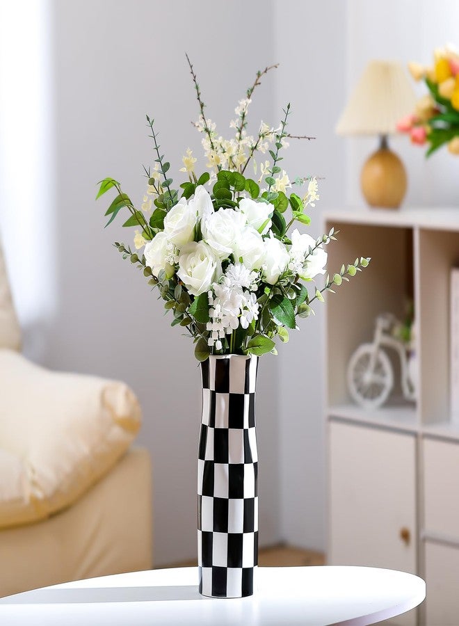 Ninehaoou Black and White Checkered Vase Large 11.25 Inch Height Modern Checkered Decor Ceramic Black and White Flower Shaped Decorative Vase for Office, Bedroom, Home Decor - Image 1